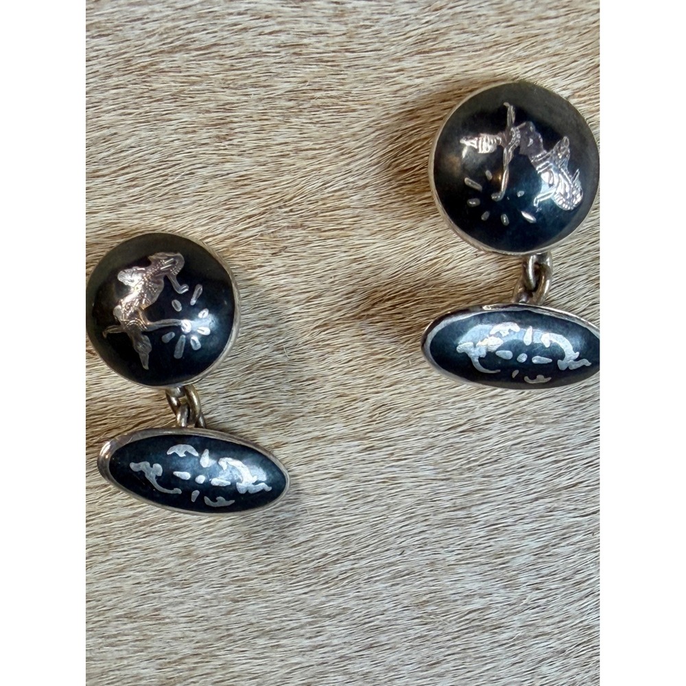 Vintage Siam Sterling Silver Niello Cufflinks Mekkala Goddess Thai Jewelry